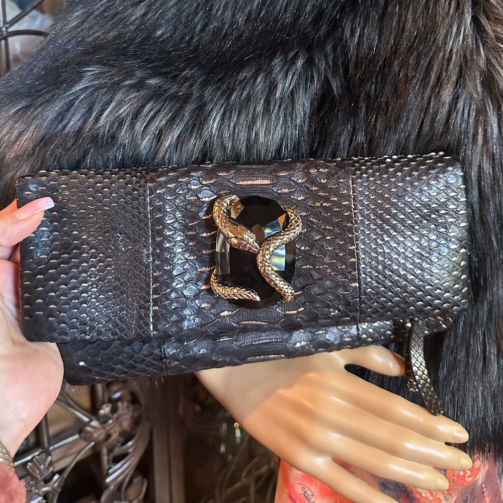 Stunning Roberto Cavalli Black Python Clutch - image 1